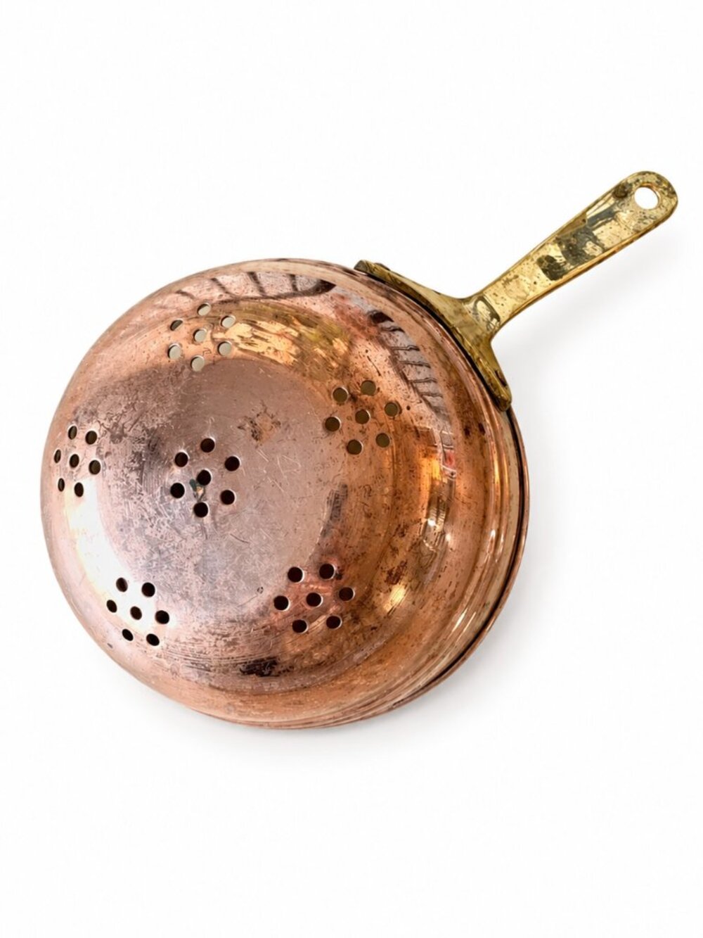 Vintage Handheld Copper Colander/ Strainer with Gold Tone Handle | Kitchen Decor